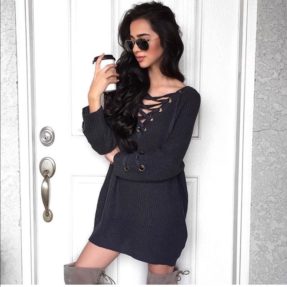 Lace-Up oversized Sweater Tunic - Charcoal Grey